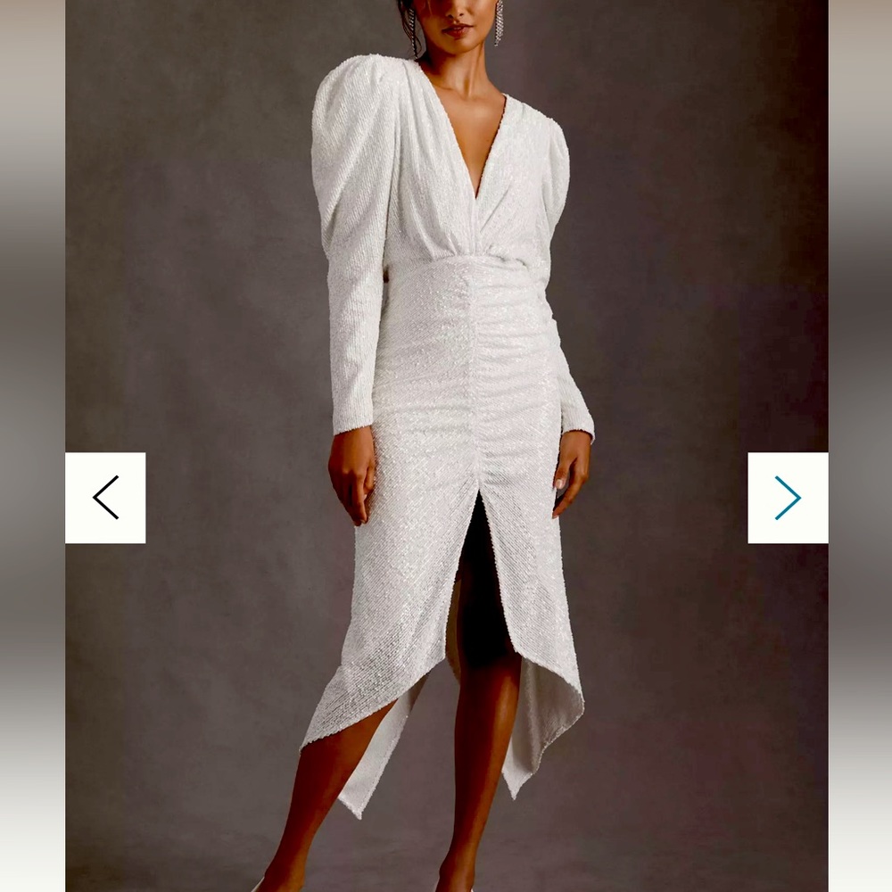 NWT Ronny Kobo White Astrid V-Neck Long-Puff-Sleeve Sequin Asymmetric Midi Dress